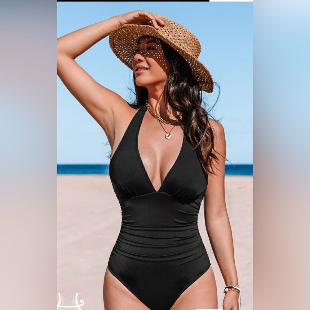 CUPSHE V Neck One Piece Swimsuit Halter Backless Ruched Tummy Control NWT XL